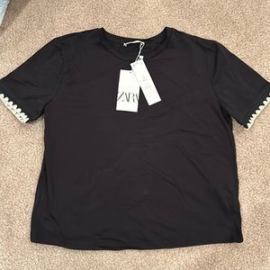 NWT ZARA Black Embellished Short Sleeve Top Size Medium